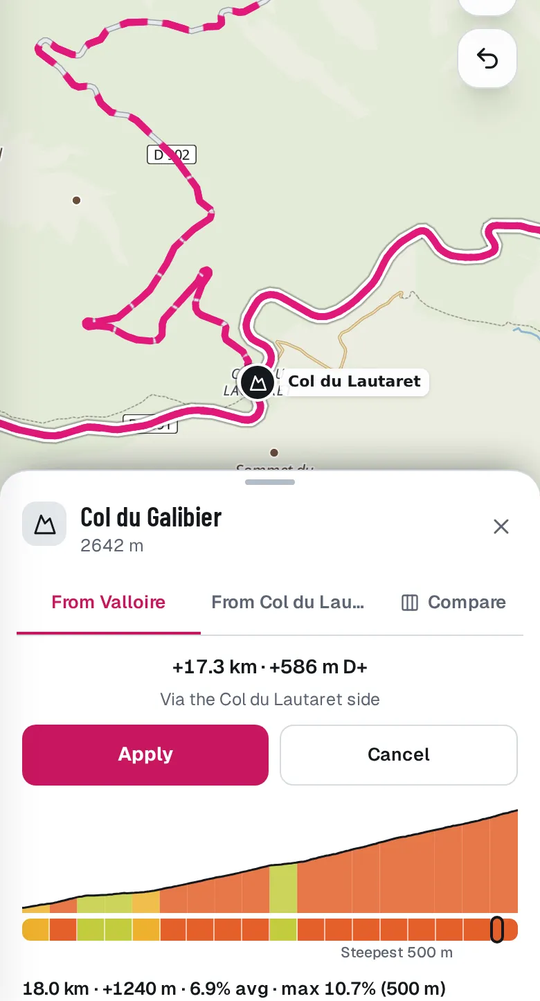 A col sheet after Add as detour: the exact distance and climbing the detour adds, new roads dashed on the map