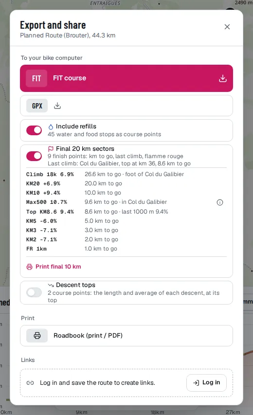 The Export dialog with the FIT course points: water and food stops and the finish markers