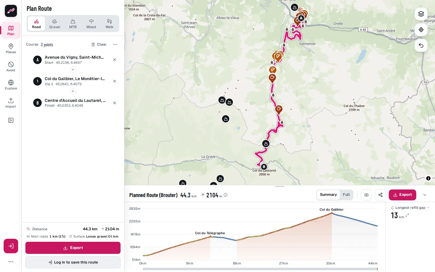 The planner with a route over the Col du Galibier from Valloire, its elevation profile and its water stops on the map