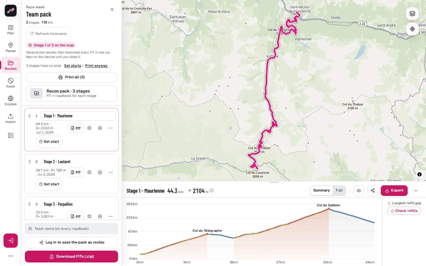 Team mode at /team: every stage of a race week in one pack, with a link per rider