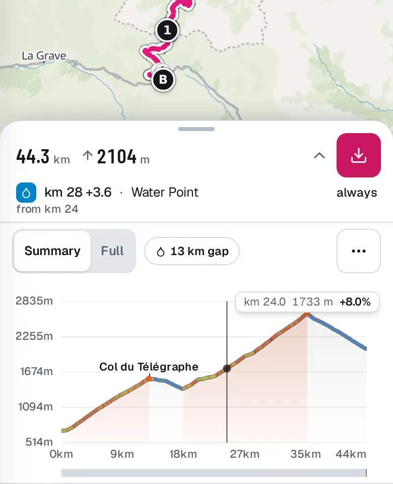 The next water stop on a phone, with its name and opening hours
